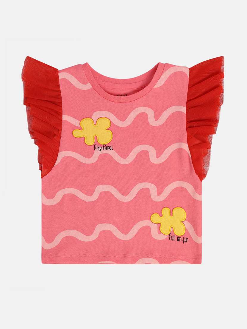 girls pink printed ruffle sleeve top