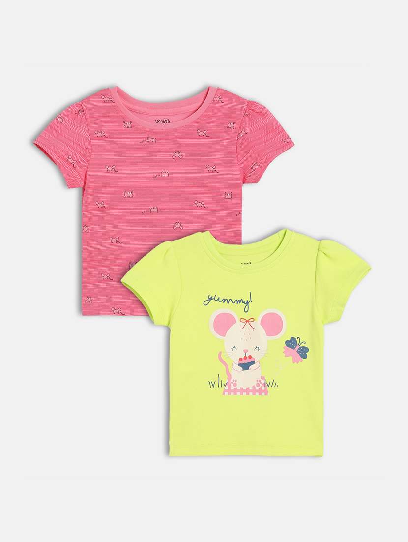 girls pack of 2 printed round neck tee