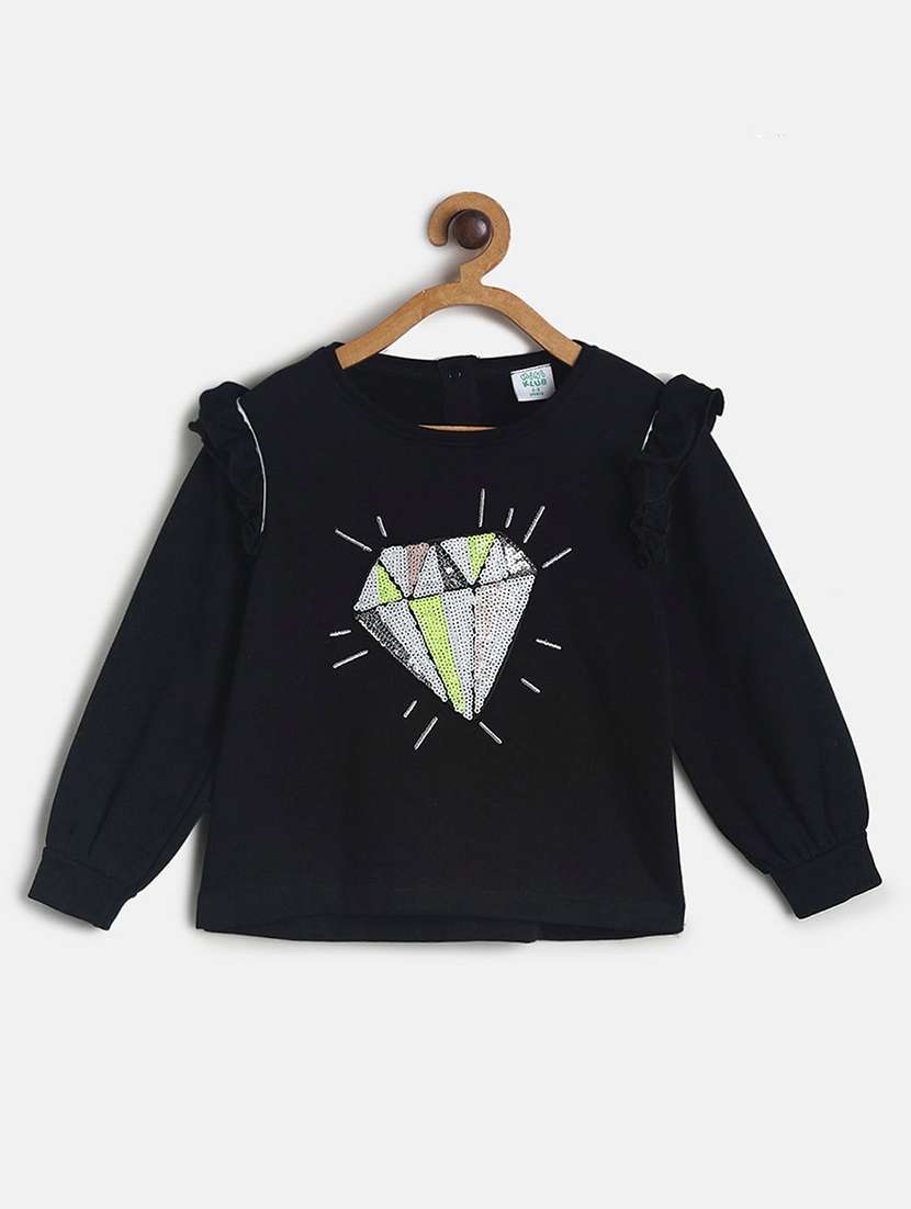 girls black printed puff sleeve top