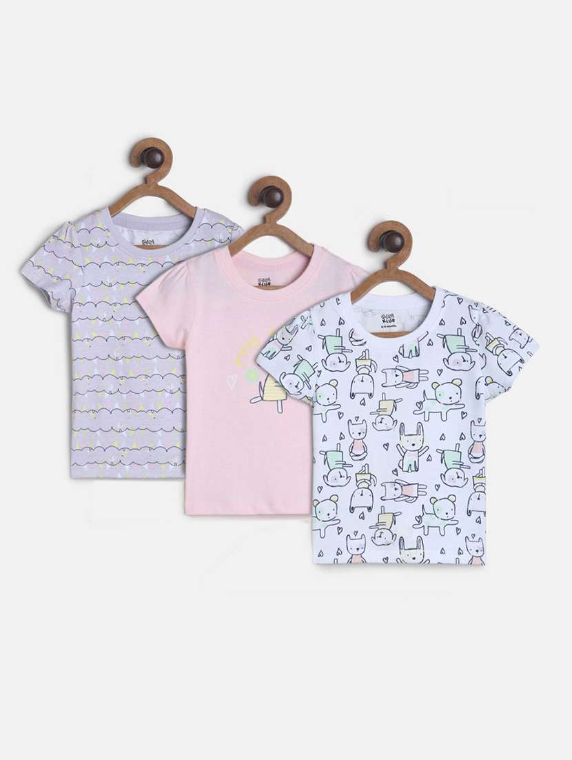 girls pack of 3 printed round neck tee