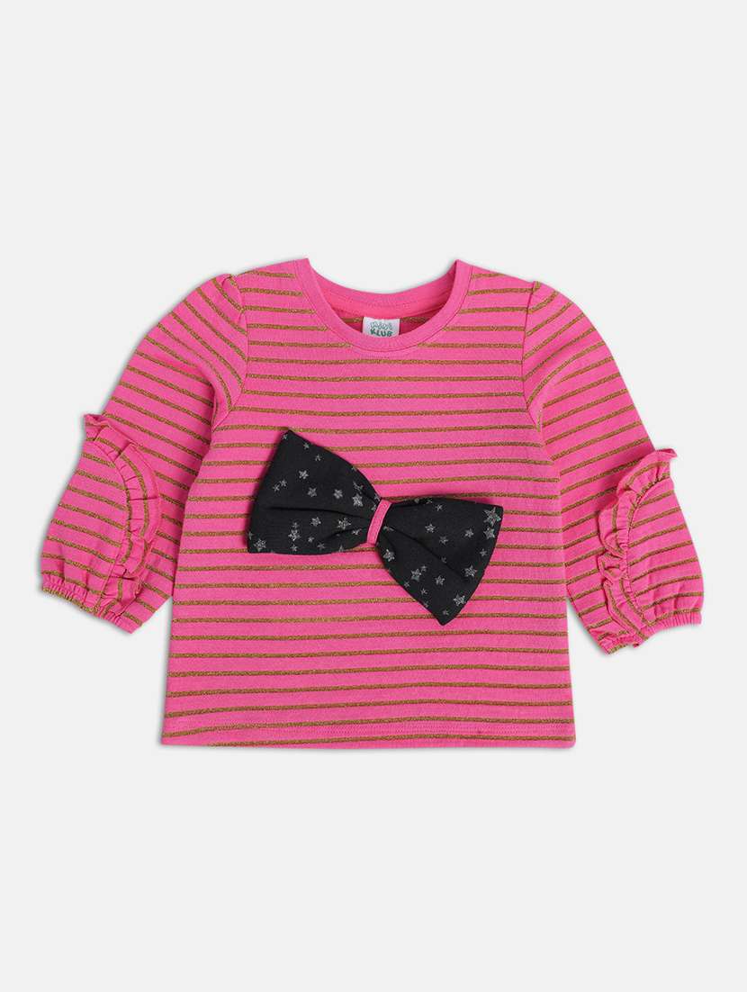 girls pink striped puff sleeve top