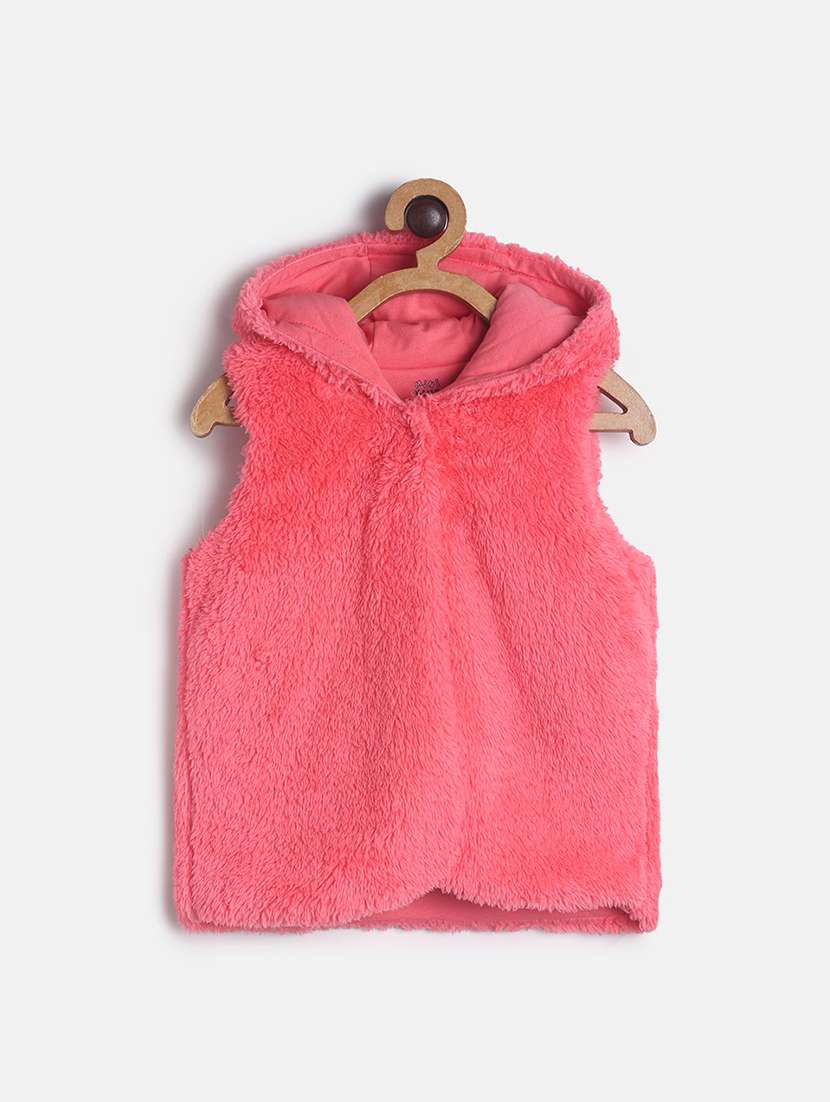 girls pink solid sleeveless hooded jacket