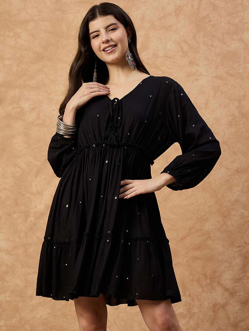 women solid puff sleeve tiered dress