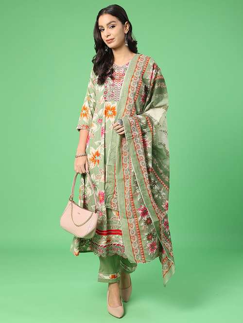 women floral three quarter sleeve kurta pant with dupatta set - 22110714 -  Standard Image - 0