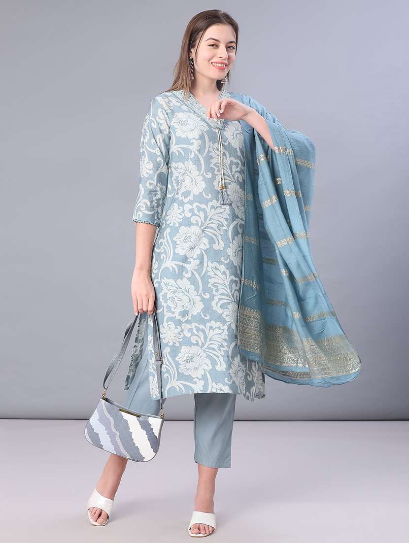 women floral three quarter sleeve kurta pant with dupatta set