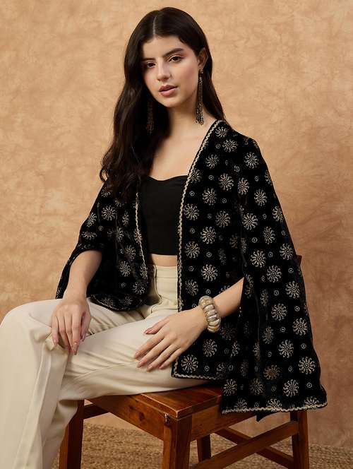 women foil printed long sleeve ethnic shrug - 22110796 - Standard Image - 0