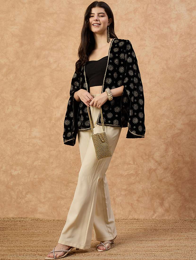women foil printed long sleeve ethnic shrug - 22110796 - Standard Image - 5