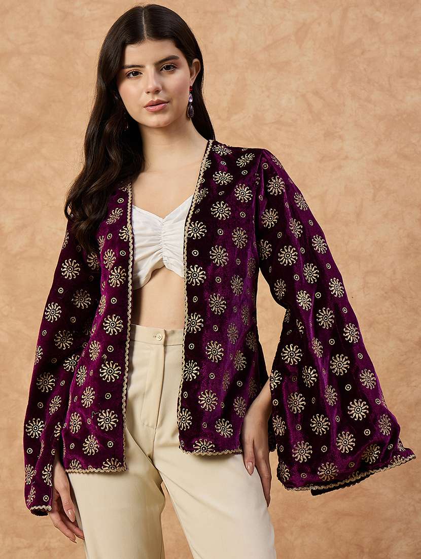 multi colored velvet women foil printed long sleeve ethnic shrug