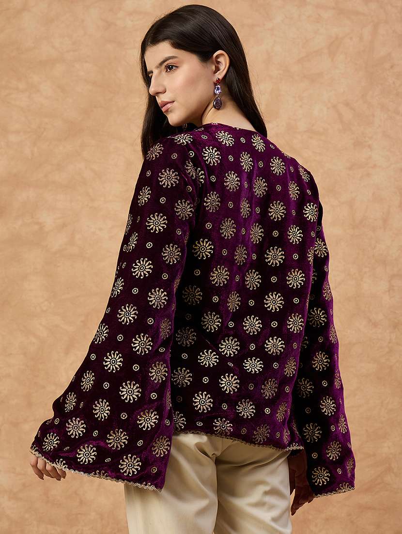 multi colored velvet women foil printed long sleeve ethnic shrug - 22110797 -  Standard Image - 3