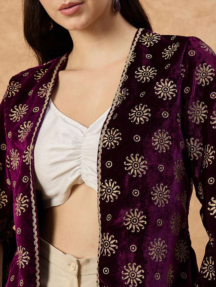 multi colored velvet women foil printed long sleeve ethnic shrug - 22110797 -  Standard Image - 5