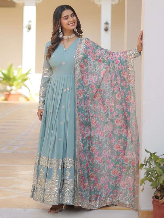 women solid with work long sleeve kurta dupatta set