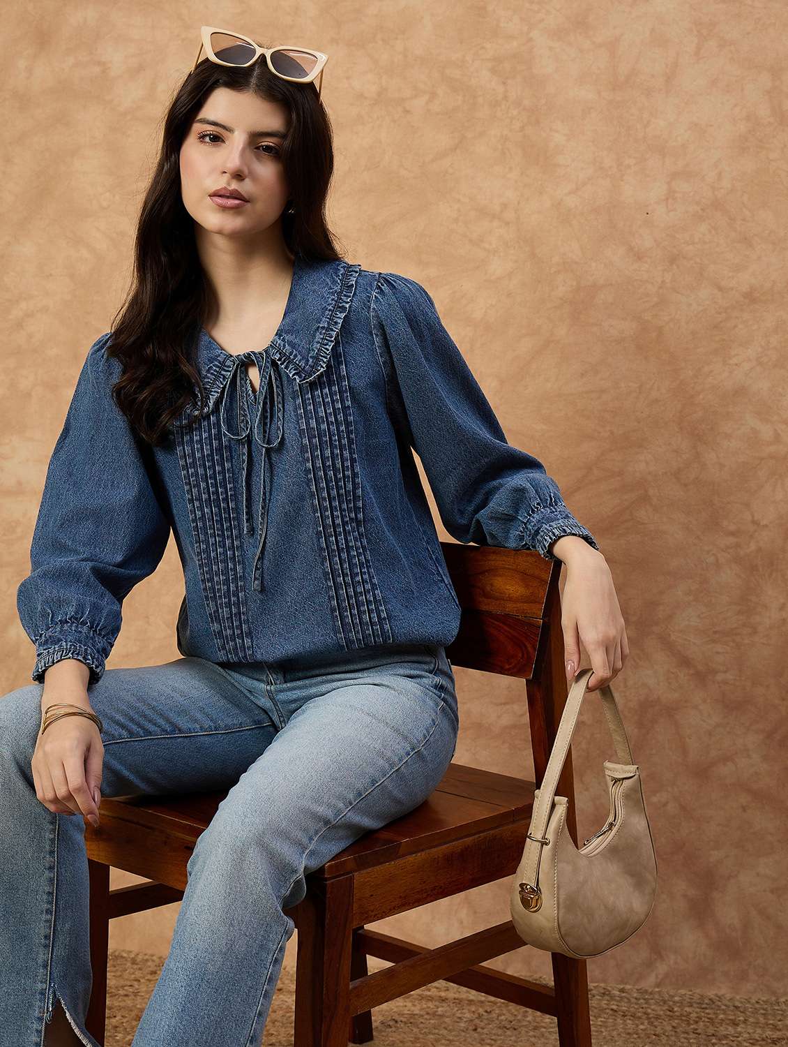 women solid puff sleeve denim top - 22112134 -  Zoom Image - 0