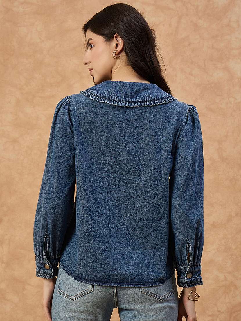 women solid puff sleeve denim top - 22112134 - Standard Image - 3