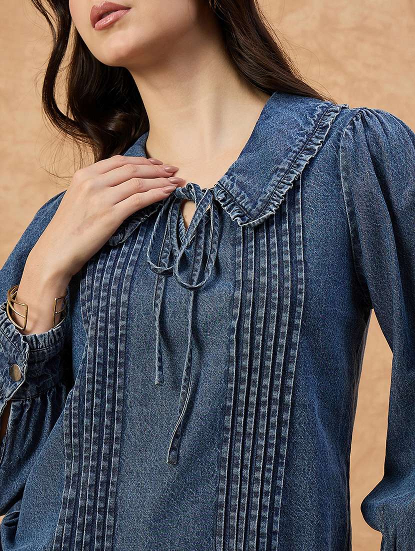 women solid puff sleeve denim top - 22112134 - Standard Image - 5