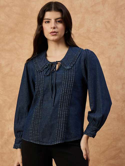 women solid puff sleeve denim top - 22112135 - Standard Image - 0