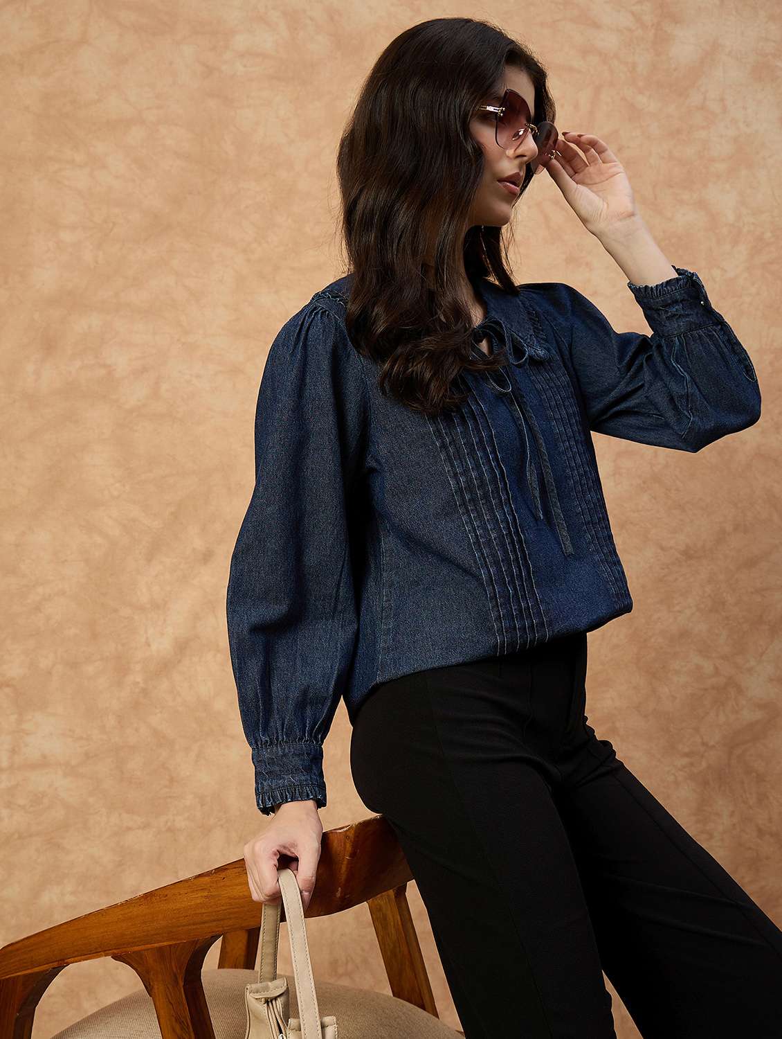 women solid puff sleeve denim top - 22112135 - Standard Image - 3