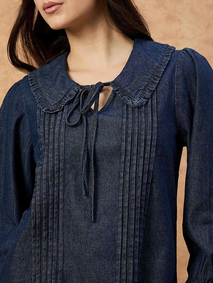 women solid puff sleeve denim top - 22112135 - Standard Image - 5