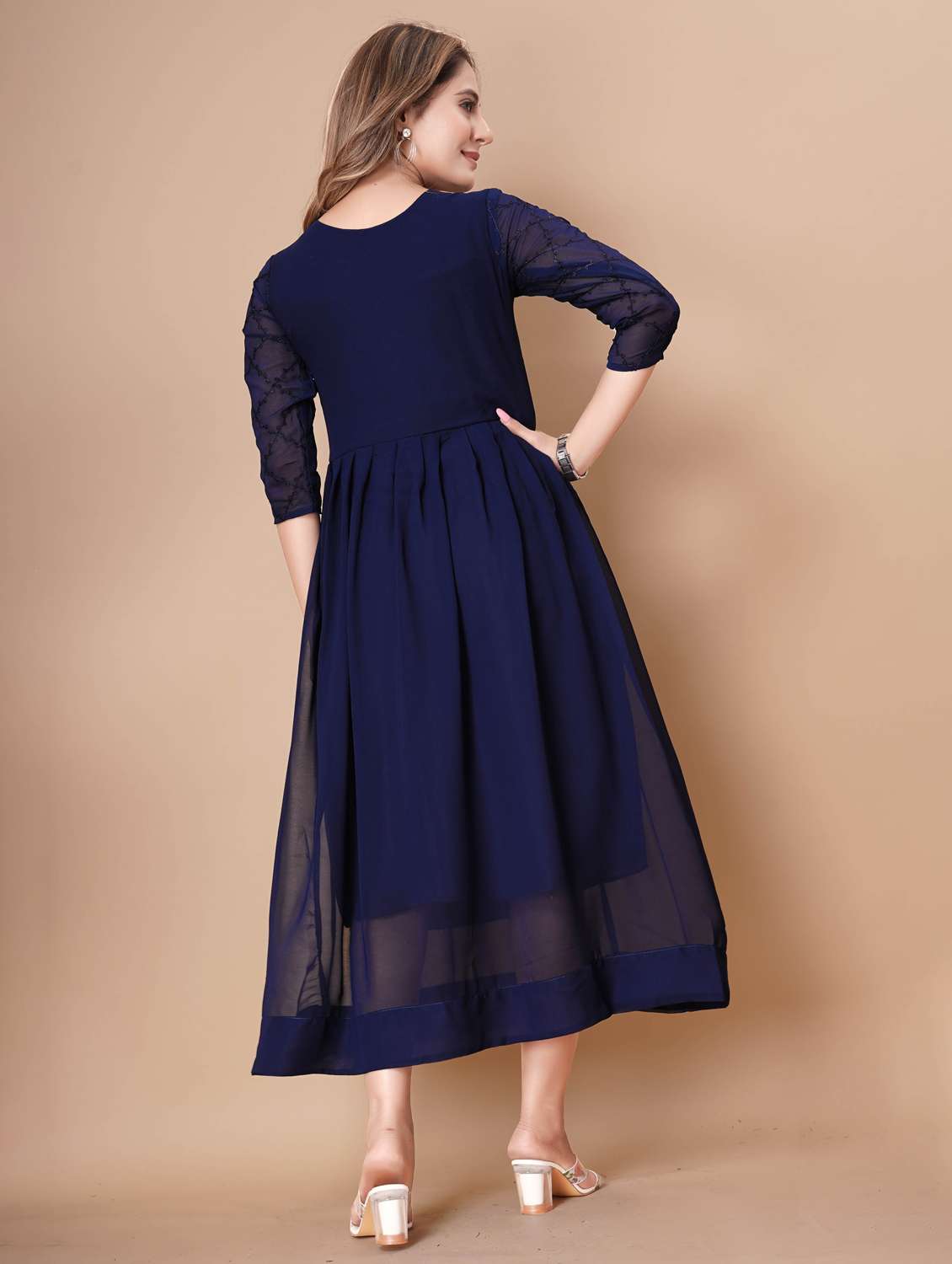 women embroidered three quarter sleeve fit & flare dress - 22112351 -  Standard Image - 3