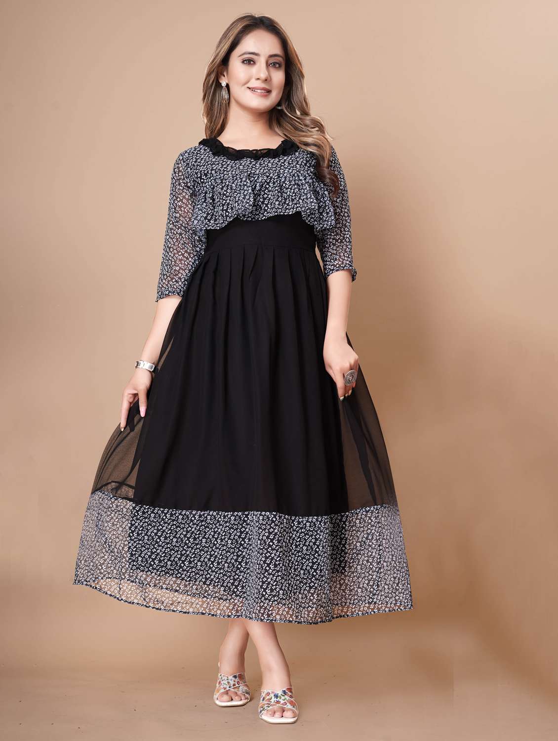 women printed three quarter sleeve tiered dress