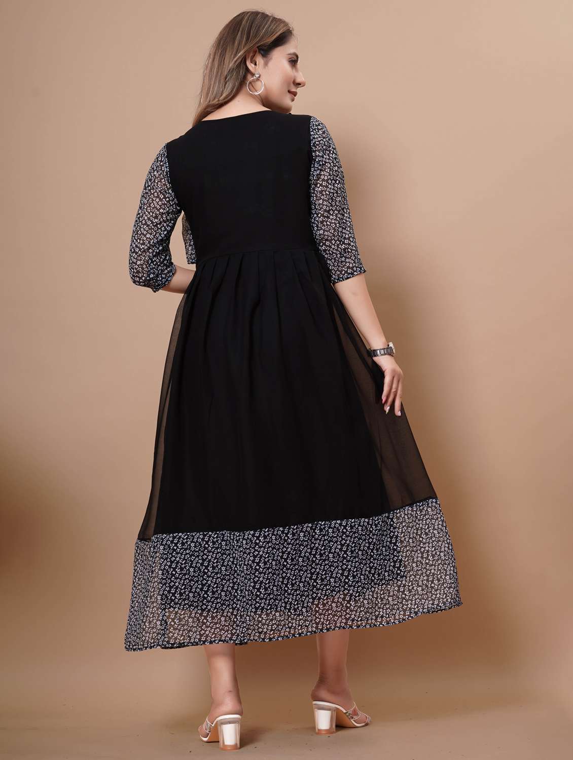 women printed three quarter sleeve tiered dress - 22112353 -  Standard Image - 3
