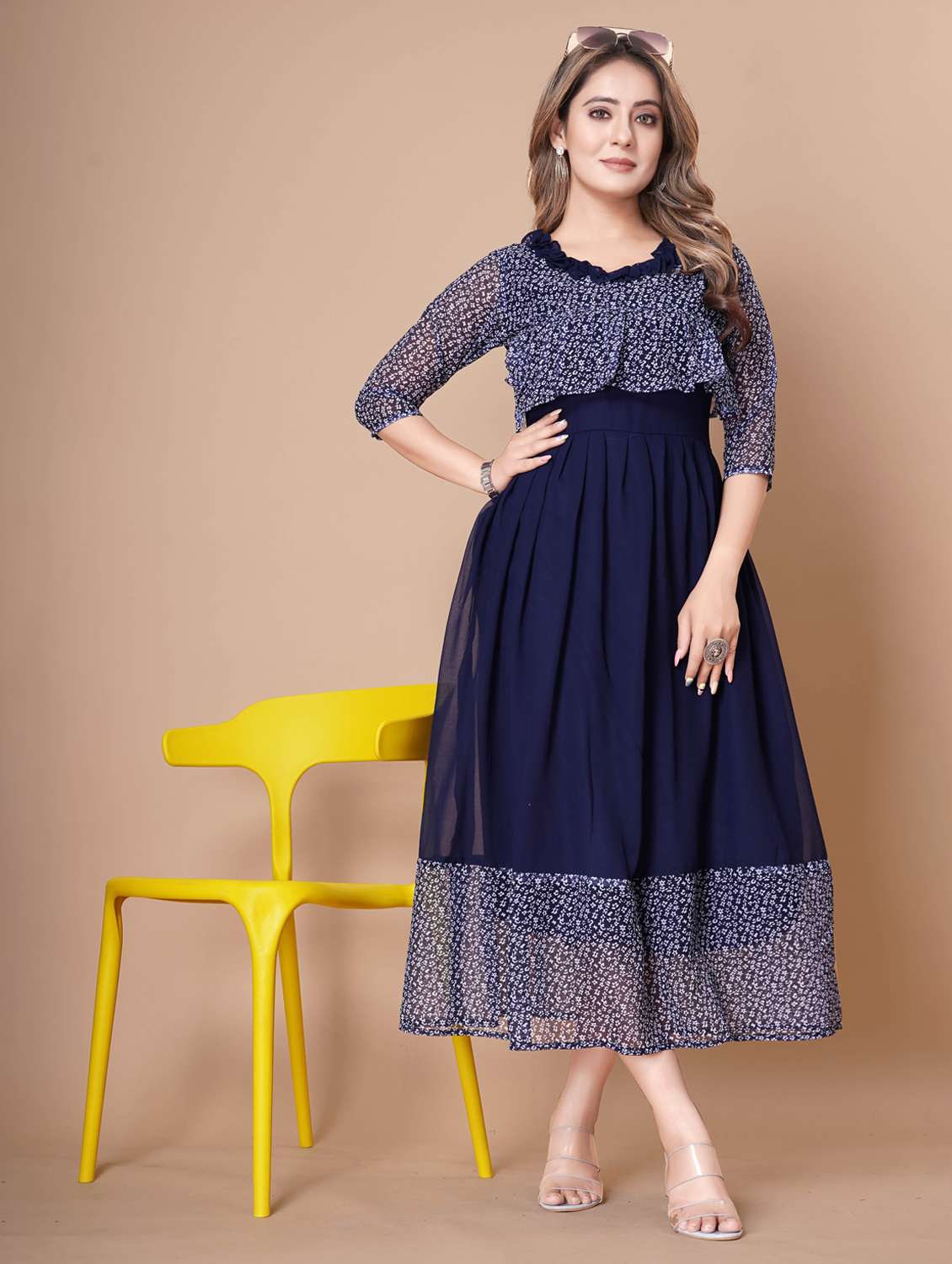women printed three quarter sleeve tiered dress