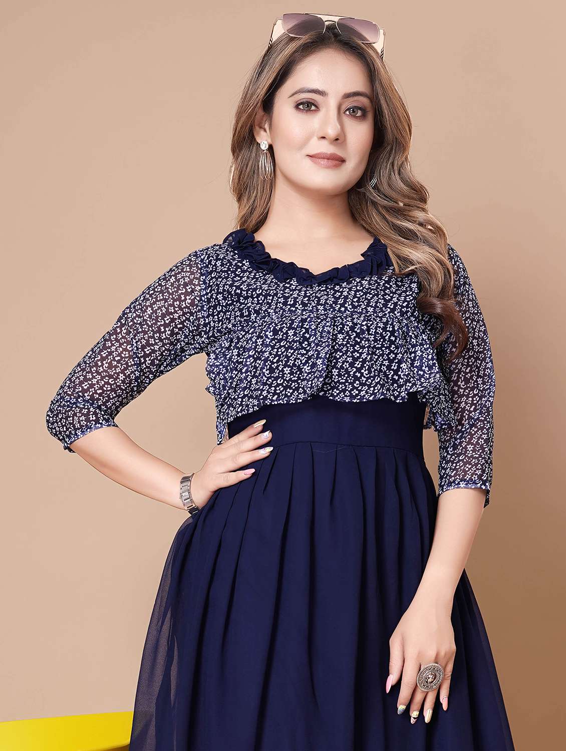 women printed three quarter sleeve tiered dress - 22112354 -  Standard Image - 3