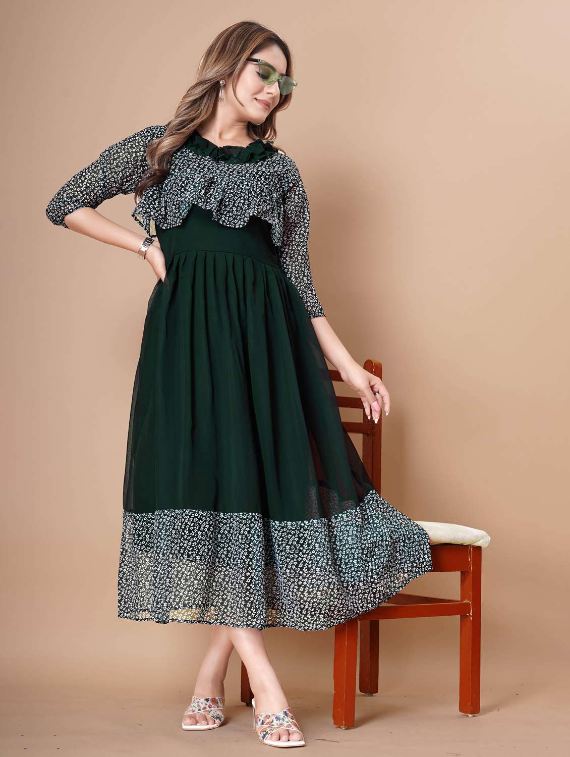 women printed three quarter sleeve tiered dress