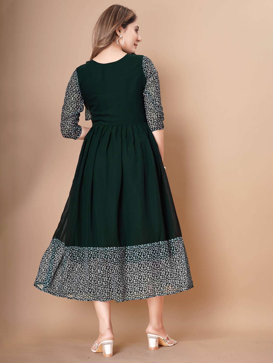 women printed three quarter sleeve tiered dress - 22112355 -  Standard Image - 3