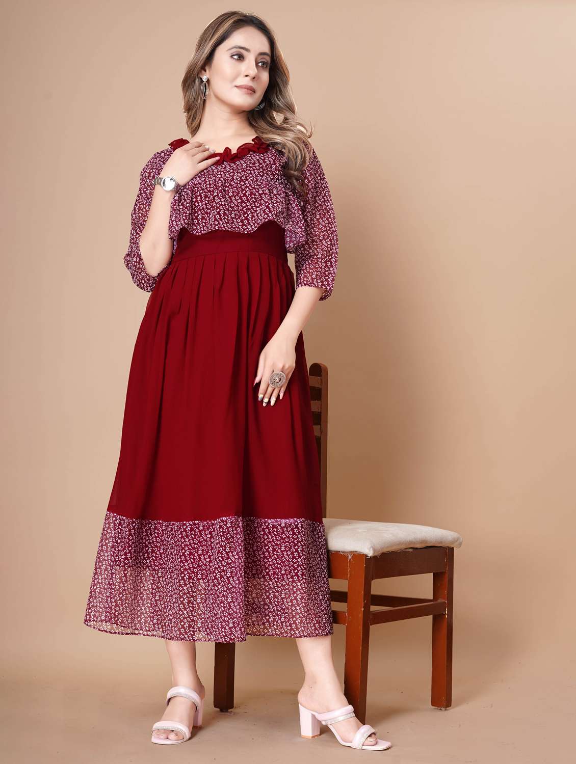 women printed three quarter sleeve tiered dress