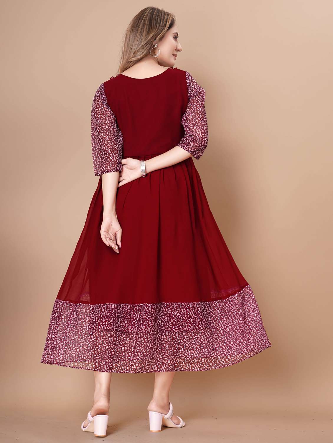 women printed three quarter sleeve tiered dress - 22112356 -  Standard Image - 3