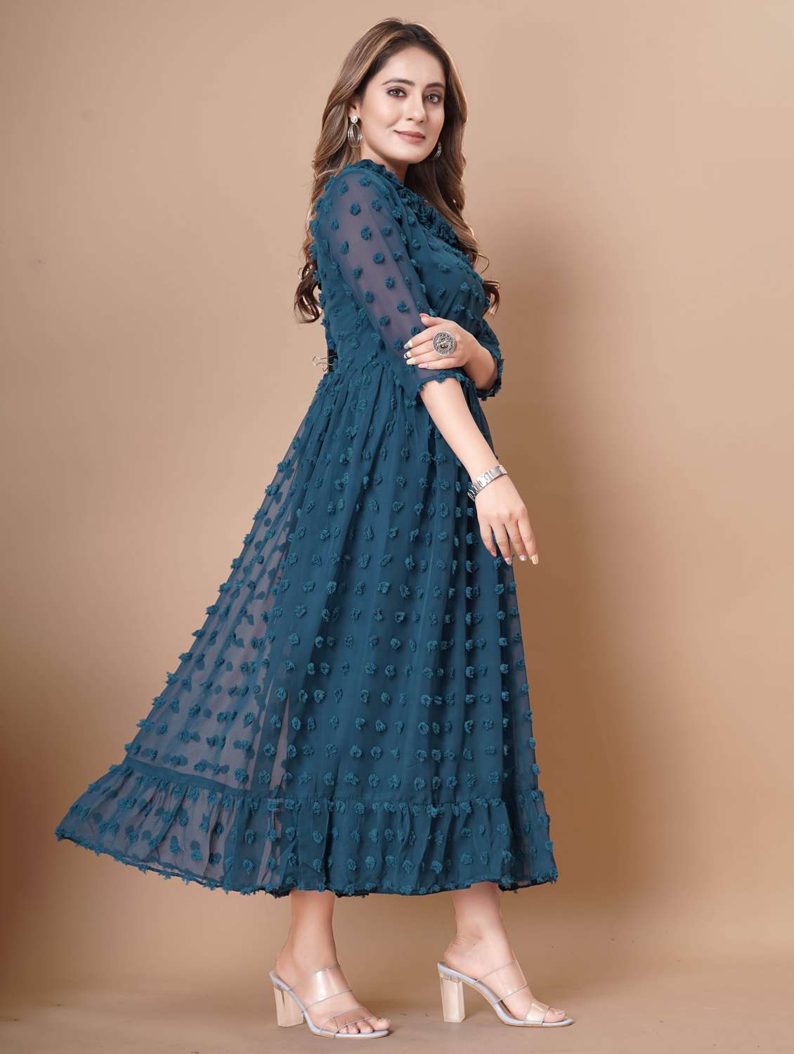 women self designed three quarter sleeve dress - 22112360 -  Standard Image - 3