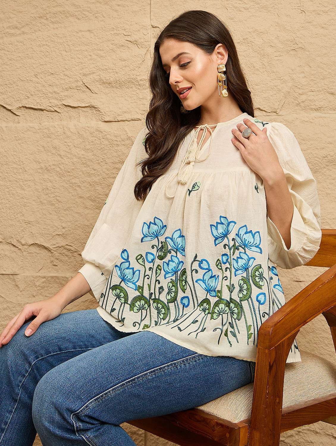 women embroidered puff sleeve a-line top 