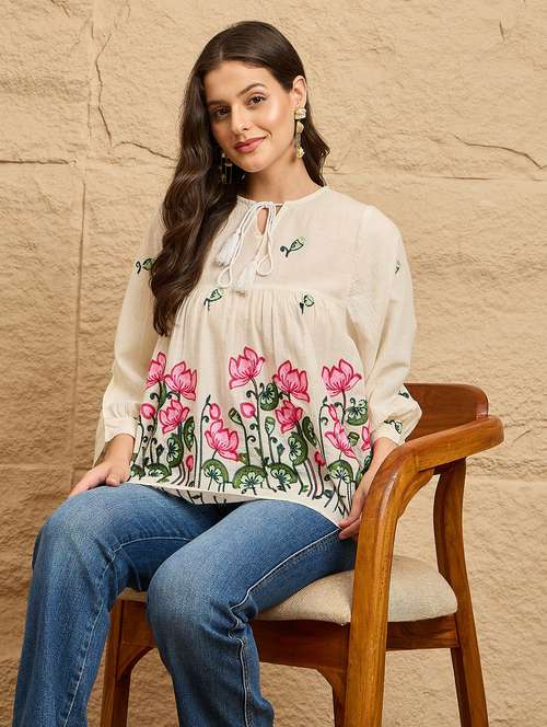 women embroidered puff sleeve a-line top  - 22112491 -  Standard Image - 0