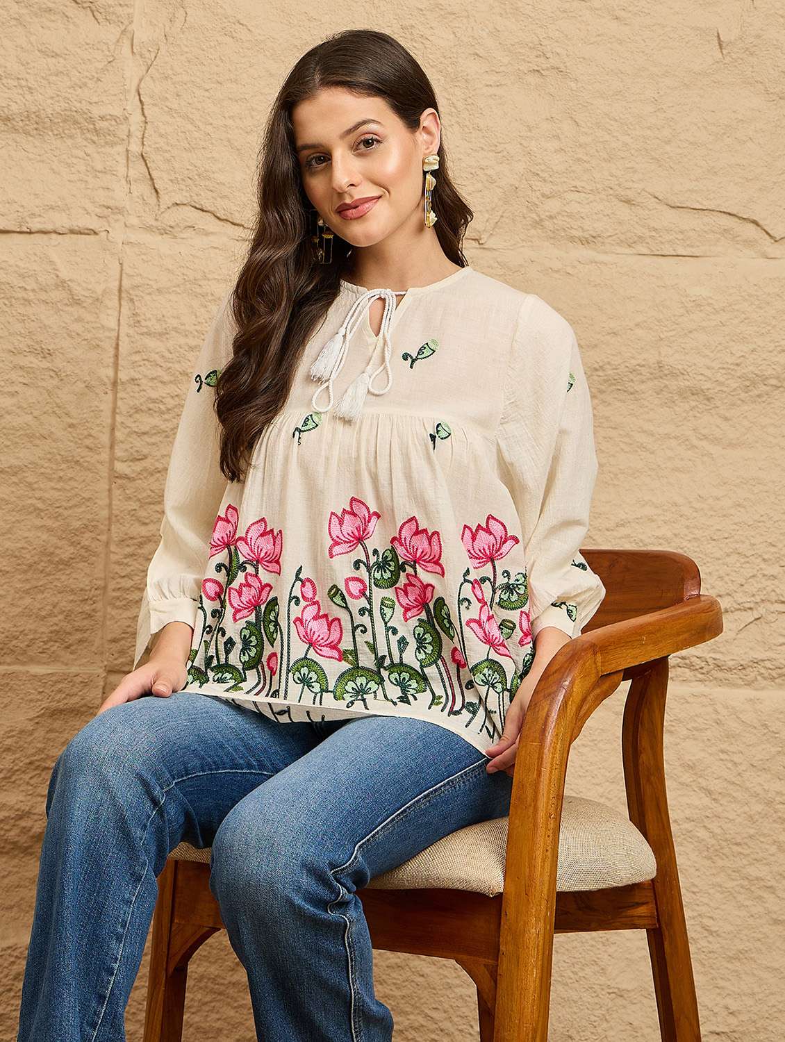 women embroidered puff sleeve a-line top 
