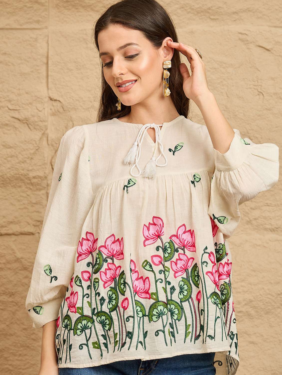 women embroidered puff sleeve a-line top  - 22112491 -  Standard Image - 3