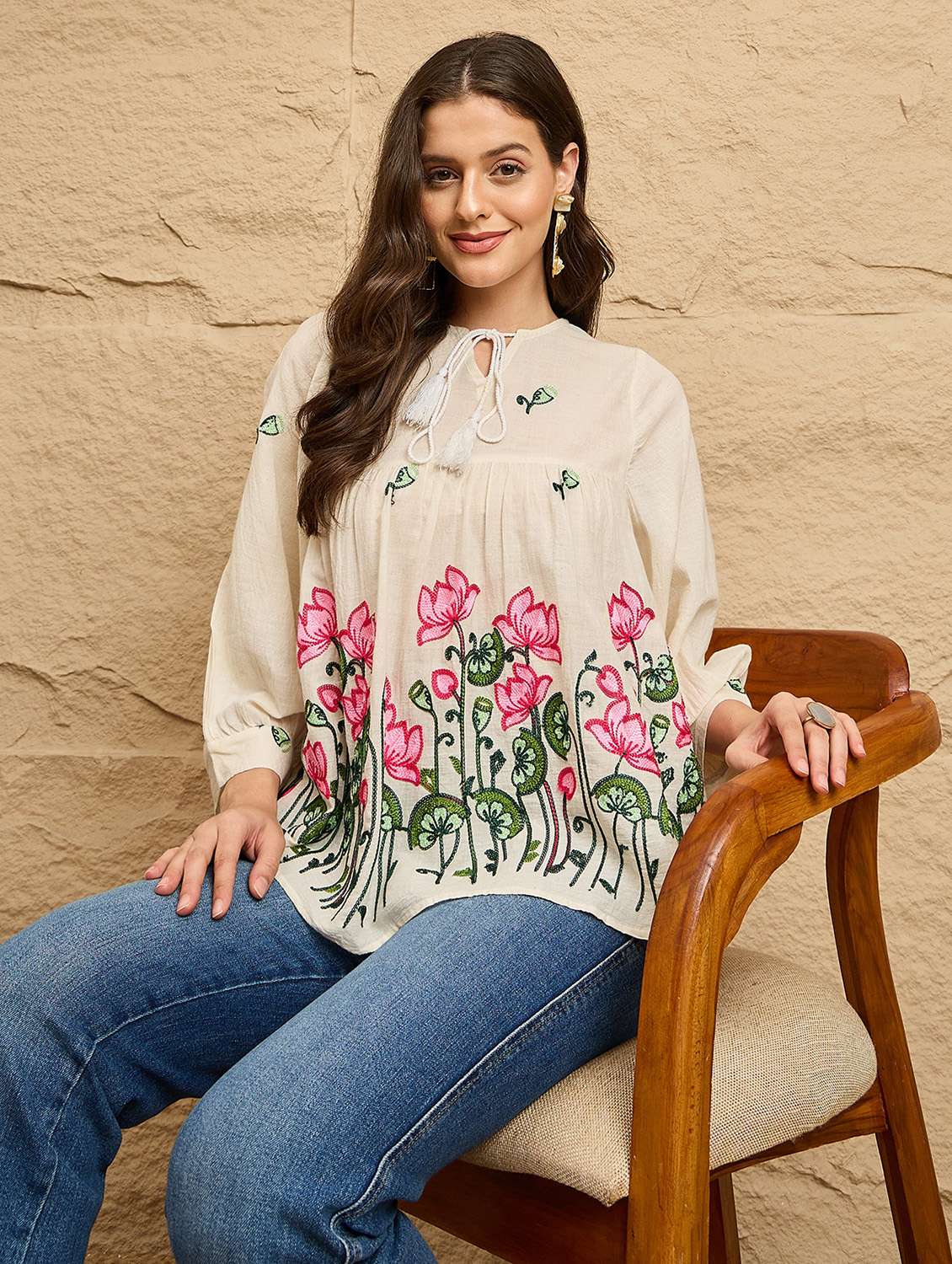 women embroidered puff sleeve a-line top  - 22112491 -  Standard Image - 5