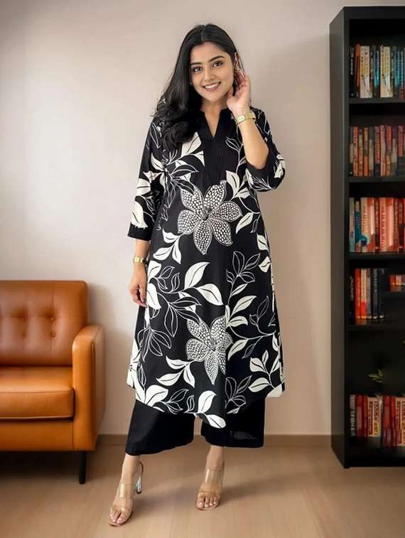 women floral three quarter sleeve kurta palazzo set - 22112643 -  Standard Image - 3