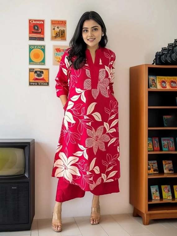 women floral three quarter sleeve kurta palazzo set - 22112645 -  Standard Image - 3