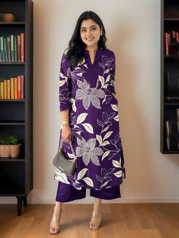 women floral three quarter sleeve kurta palazzo set - 22112646 -  Standard Image - 3