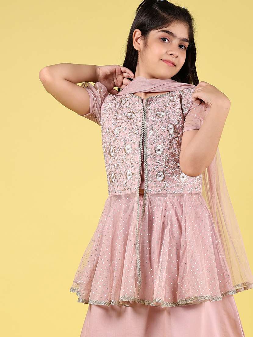 girls solid with work short sleeve kurta skirt with dupatta set - 22126858 -  Standard Image - 3