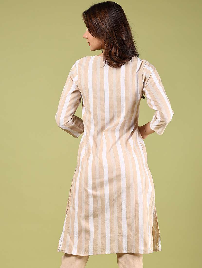 women striped three quarter sleeve straight kurta - 22127695 -  Standard Image - 3