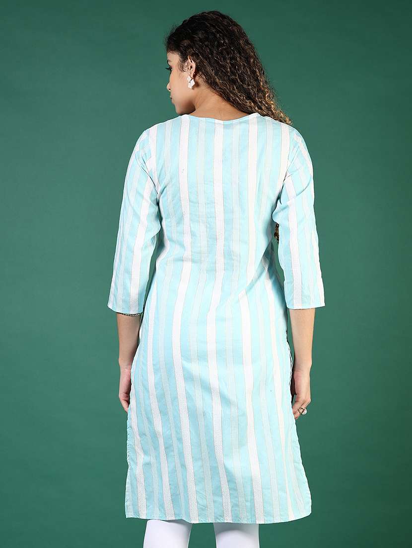 women striped three quarter sleeve straight kurta - 22127696 -  Standard Image - 3