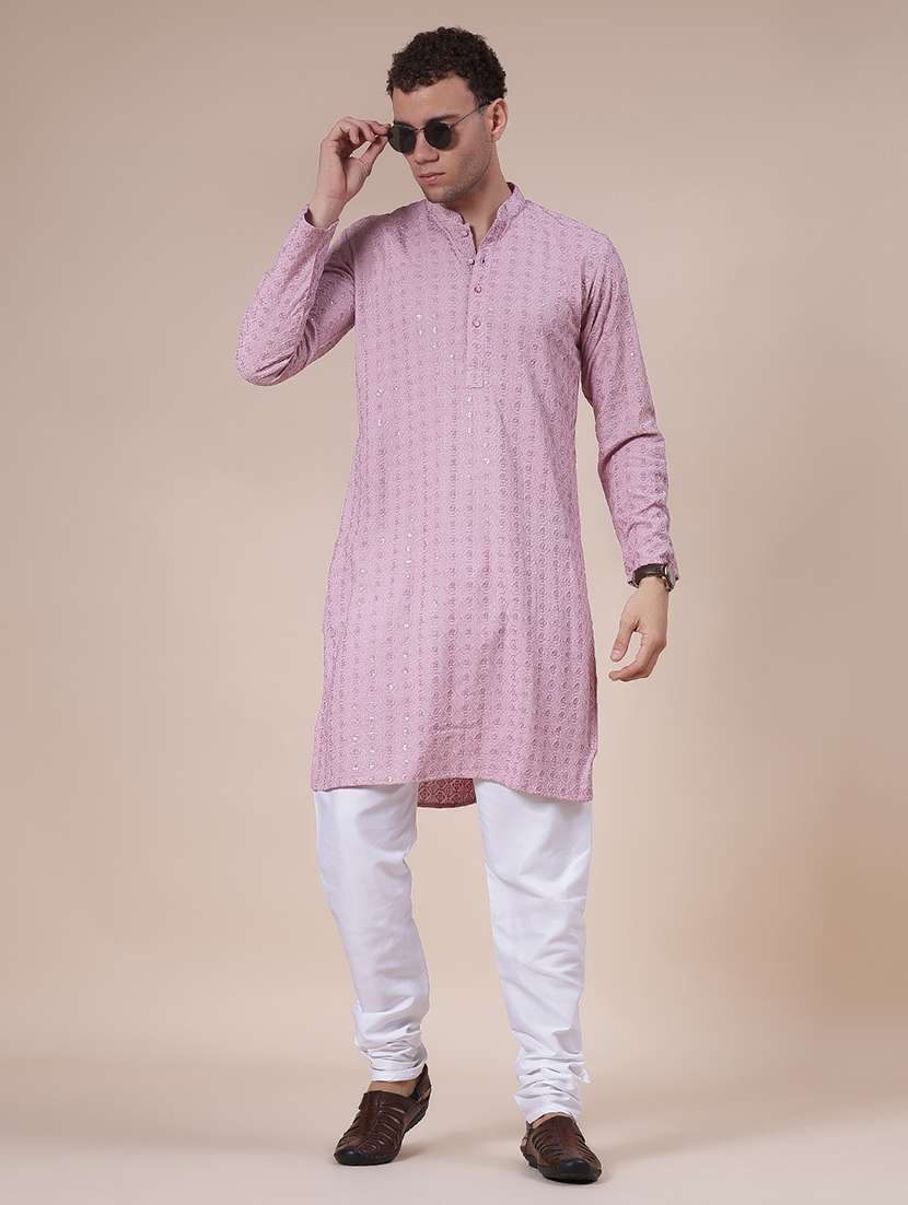 men embroidered long sleeve kurta and pyjama set