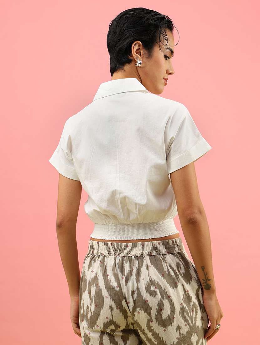 women solid collared short sleeve crop shirt - 22130192 -  Standard Image - 3