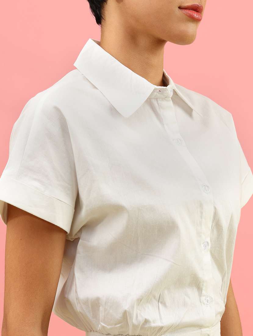 women solid collared short sleeve crop shirt - 22130192 -  Standard Image - 5
