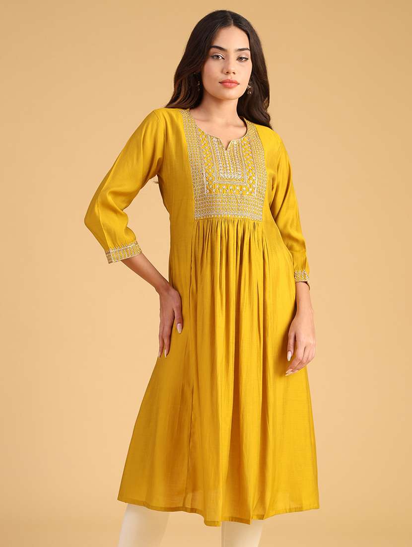 women embroidered three quarter sleeve a-line kurta