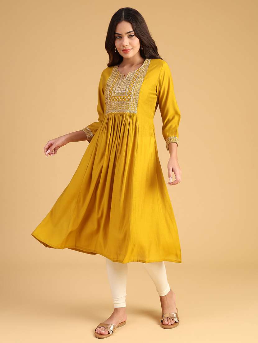 women embroidered three quarter sleeve a-line kurta - 22130242 -  Standard Image - 3