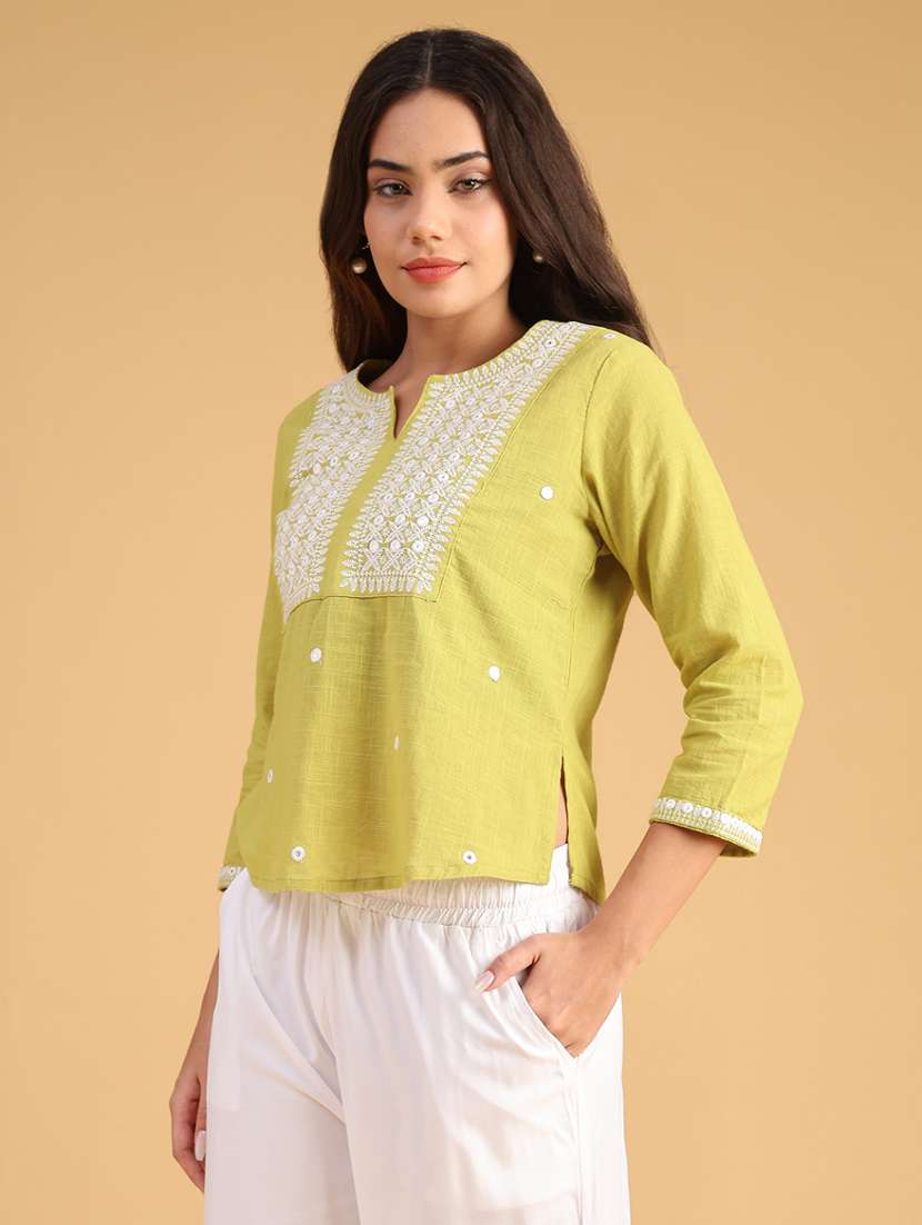 women solid with work notch neck top - 22130595 -  Standard Image - 3