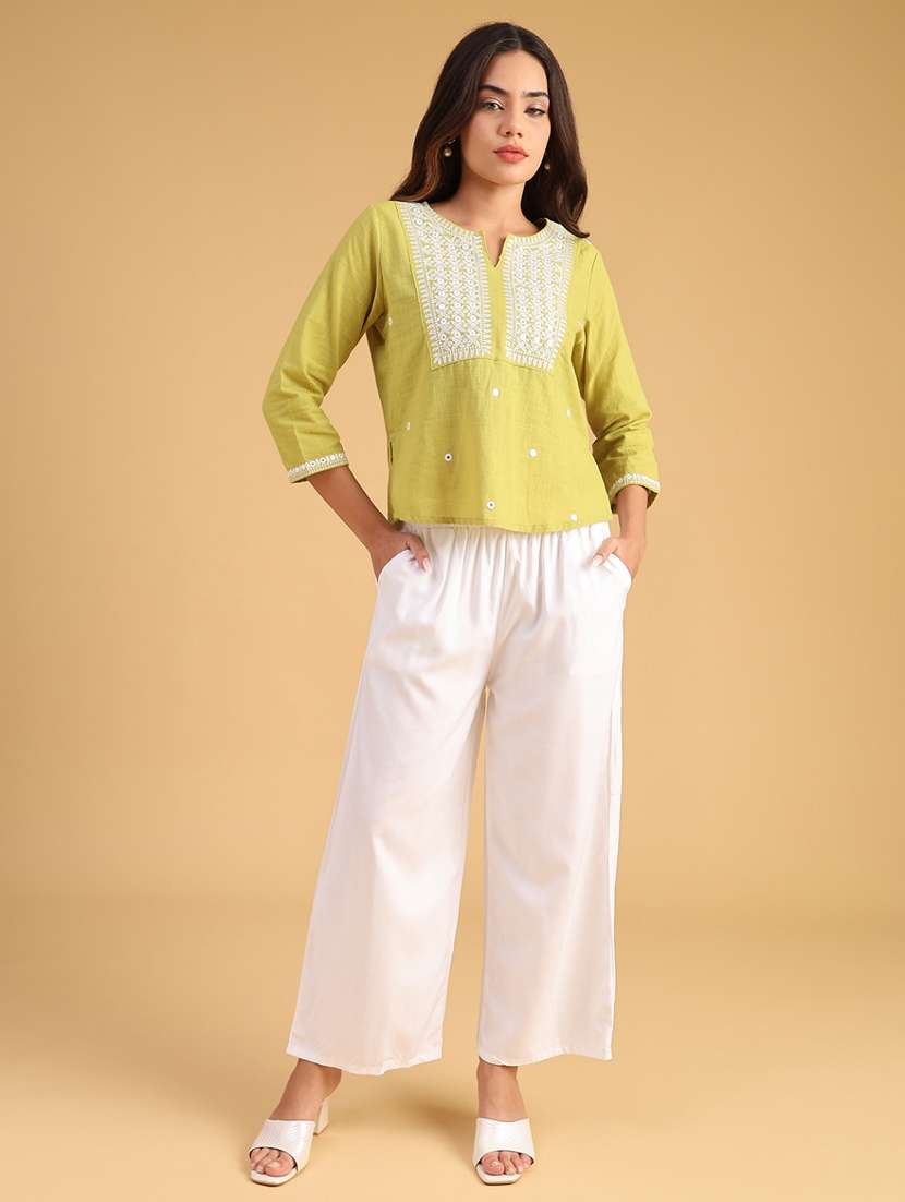 women solid with work notch neck top - 22130595 -  Standard Image - 5