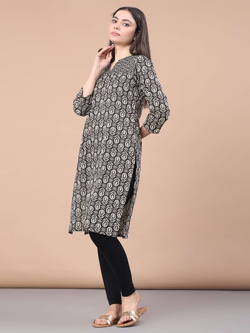 women printed three quarter sleeve straight kurta - 22130789 -  Standard Image - 3